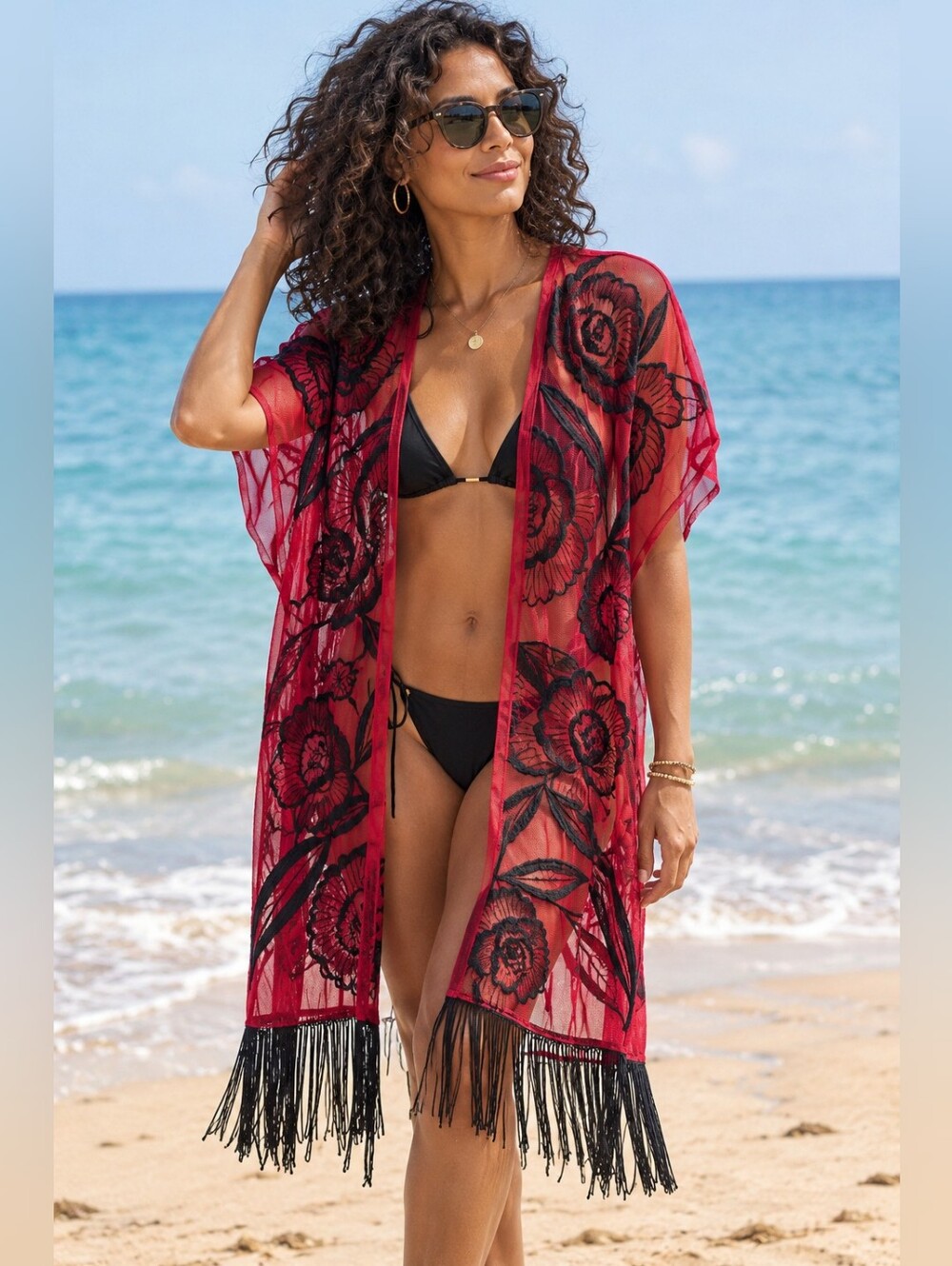 🖤❤️ ASOS Red & Black Sheer Floral Beach Cover-Up / Kimono Tunic.